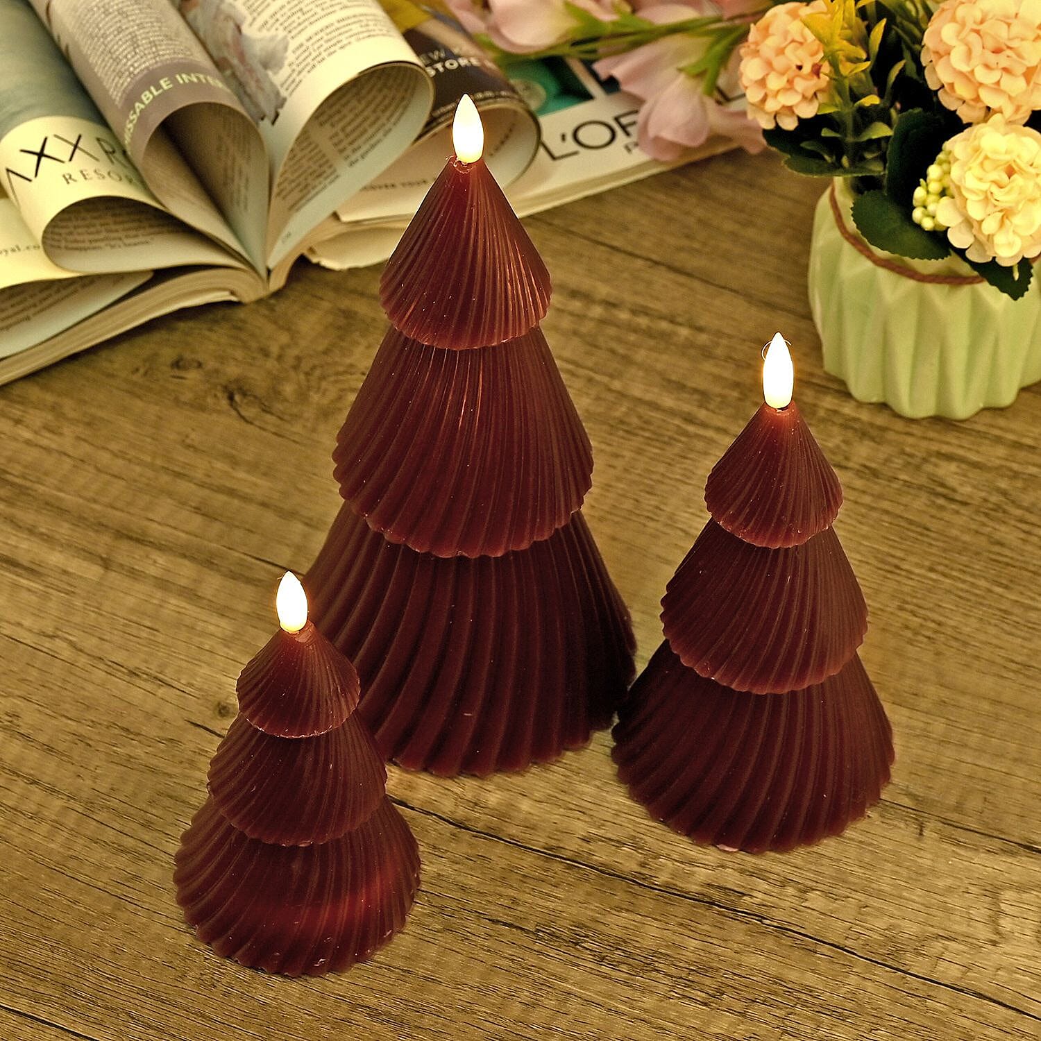 3 Flameless WAX Candle Trees - Coloured LED - Red 13.5cm (2 AAA Batteries)