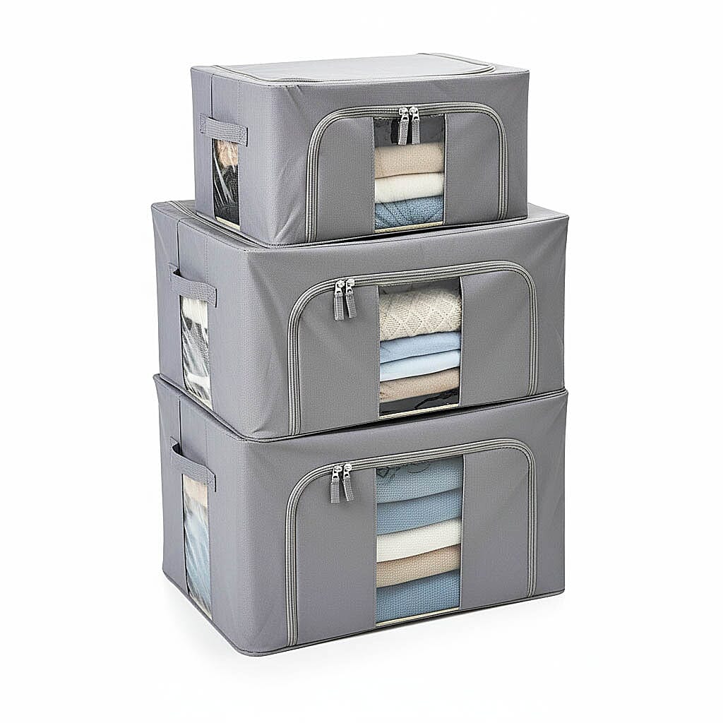 Set of 3- Foldable Oxford Fabric Storage Box with 3 window - Grey