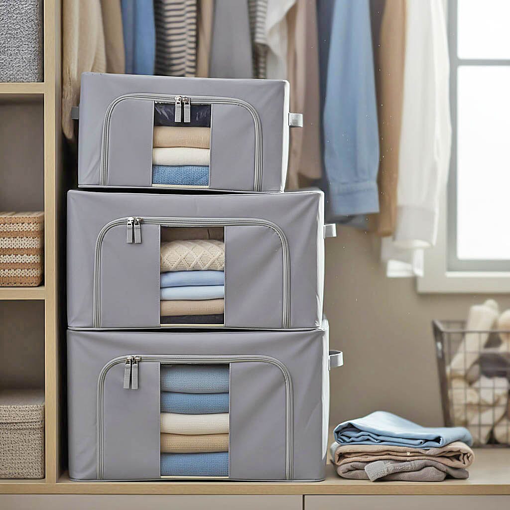 Set of 3- Foldable Oxford Fabric Storage Box with 3 window - Grey