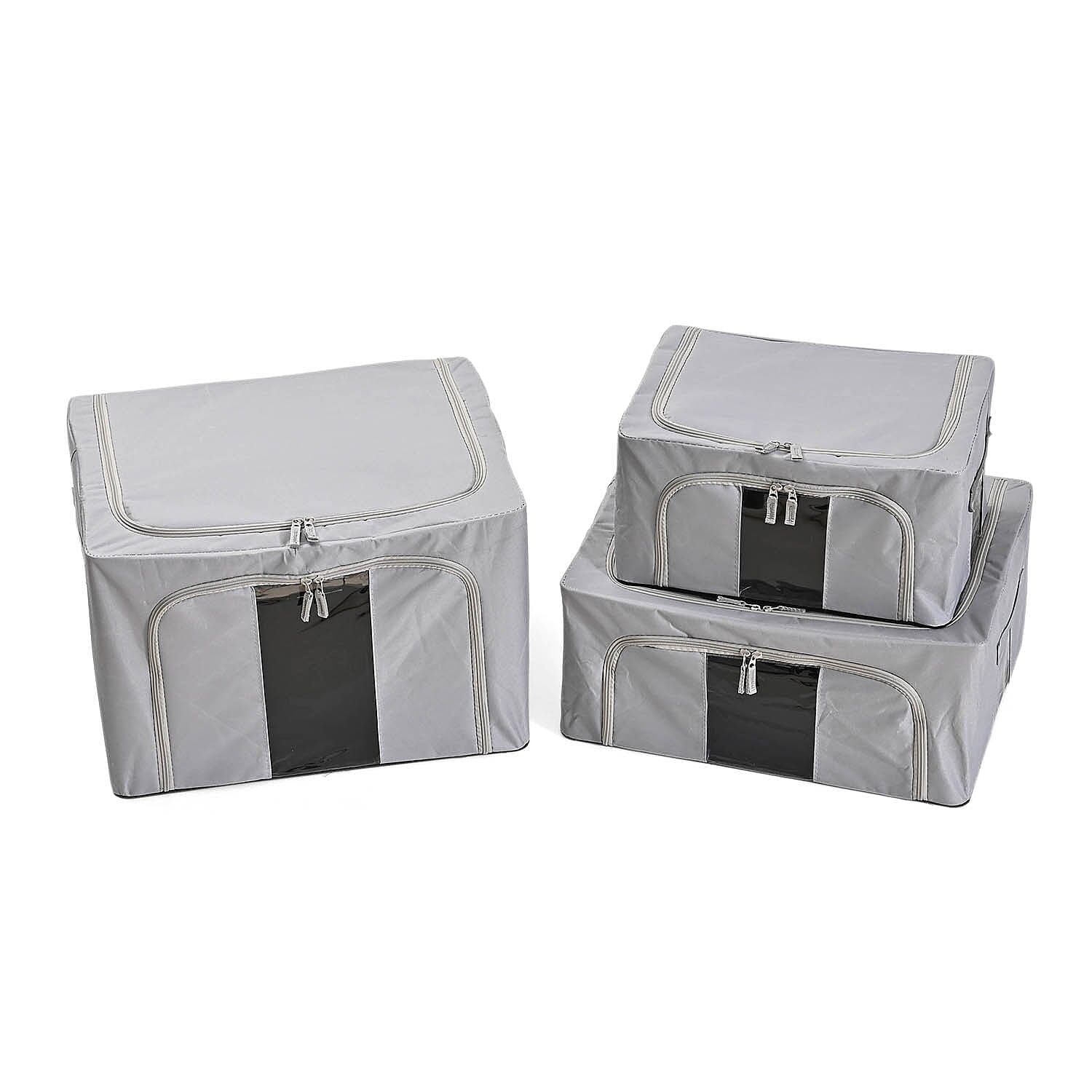 Set of 3- Foldable Oxford Fabric Storage Box with 3 window - Grey