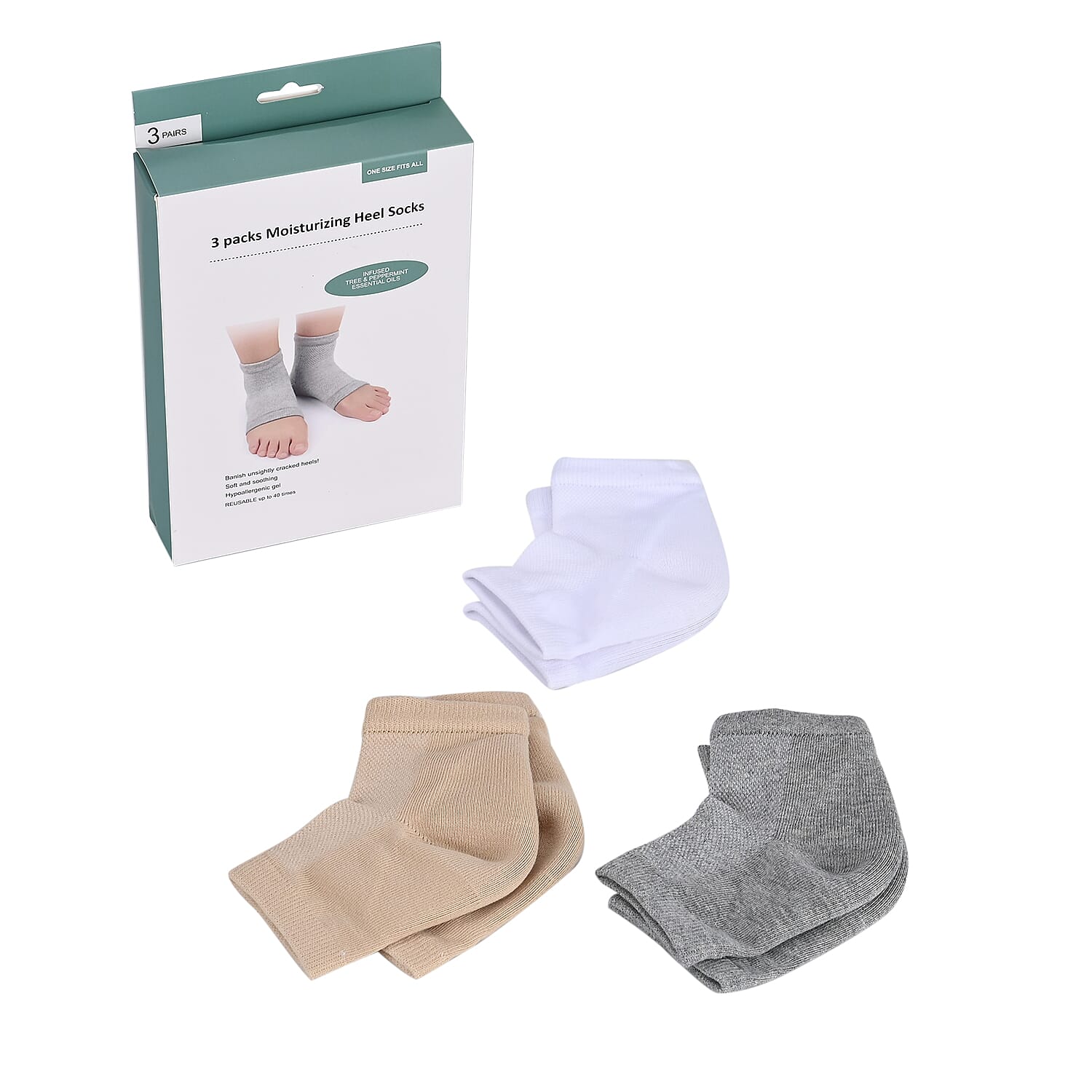 3 Packs Moisturizing Heel Socks (Size 18x1x1 cm) - Grey, Beige & White -  effectively preventing cracked feet and softening dead skin