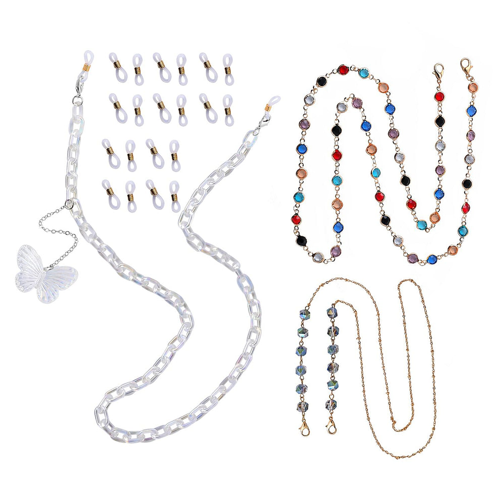 Set of 3 - Glasses Chain in Different Styles Each with 20 Pcs Rubber (Length-70cm) - Green, White & Multi