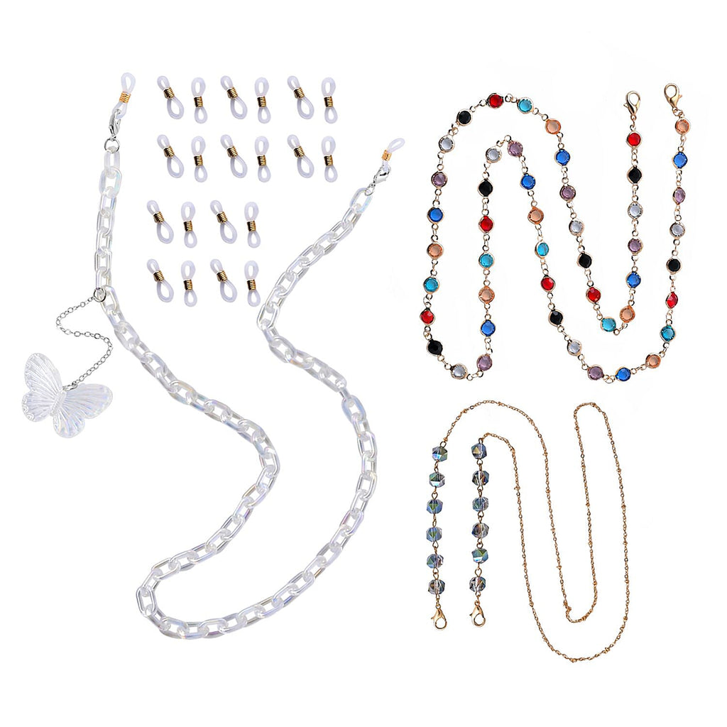 Set of 3 - Glasses Chain in Different Styles Each with 20 Pcs Rubber (Length-70cm) - Green, White & Multi