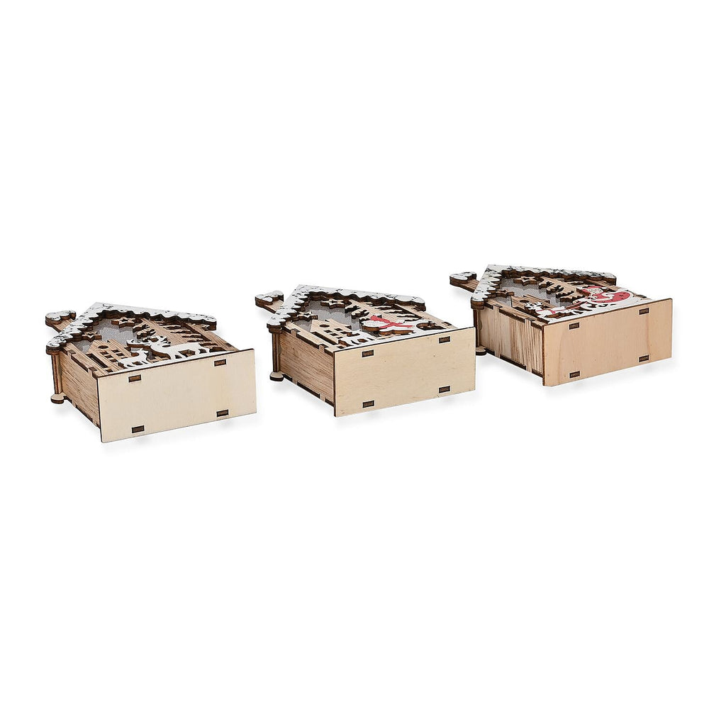 Set of 3 Hanging Christmas Wooden House with LED Warm Lights (Size 12x9x3 cm) - Multi