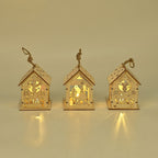 Set of 3 Hanging Christmas Wooden House with LED Warm Lights (Size 9x7x7 cm) - Log