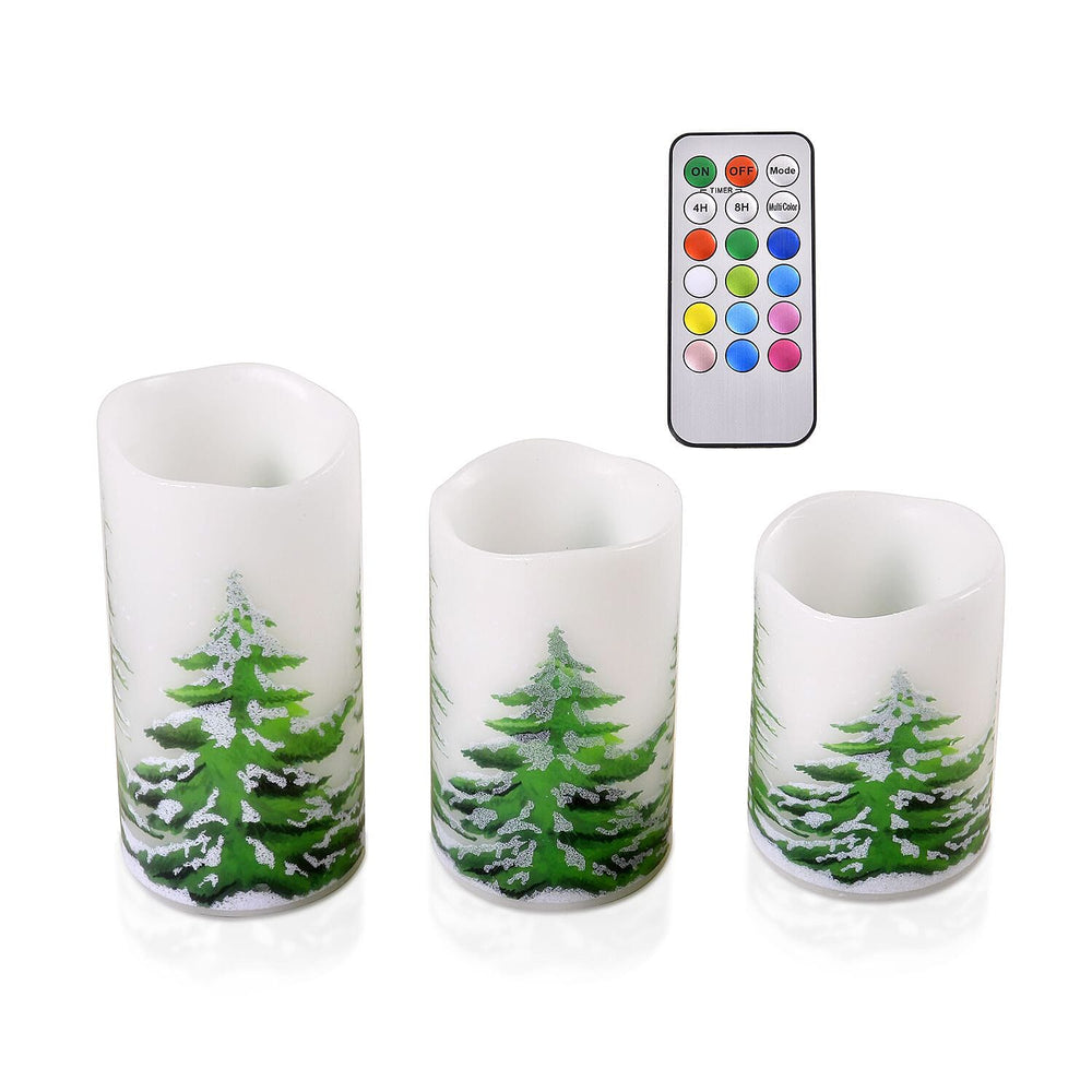Set of 3 - Homesmart Snow Tree Pattern LED 12 Colour Change Candle with Remote - White - Green