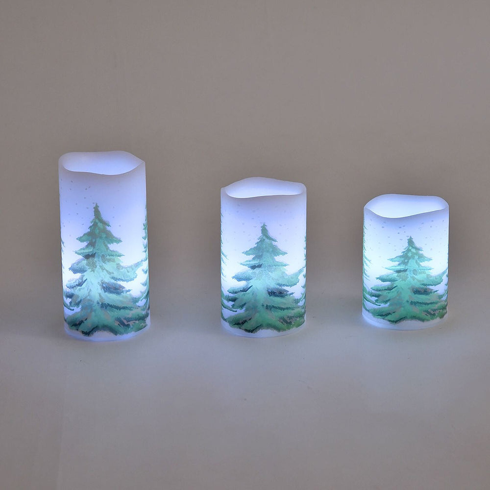 Set of 3 - Homesmart Snow Tree Pattern LED 12 Colour Change Candle with Remote - White - Green
