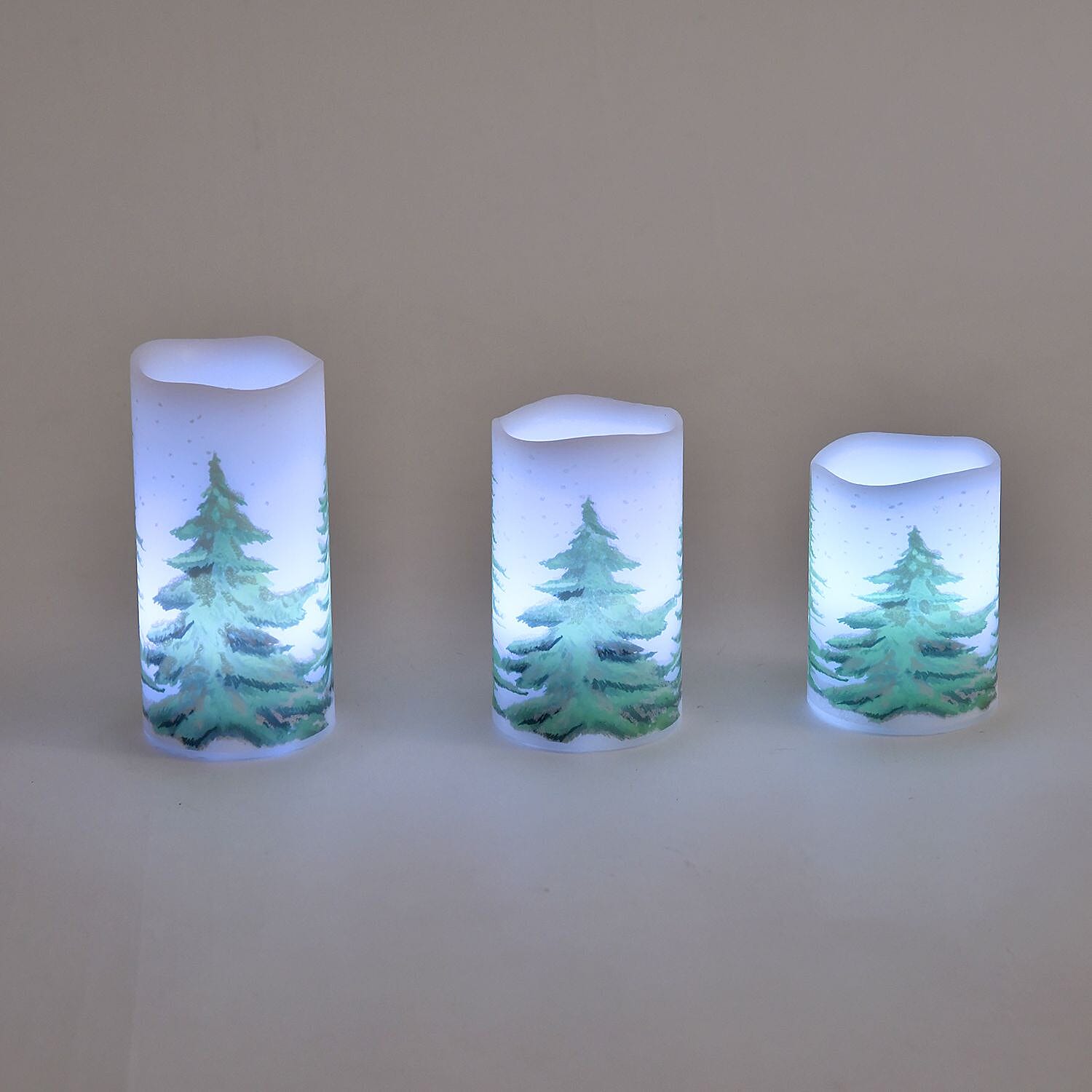 Set of 3 - Homesmart Snow Tree Pattern LED 12 Colour Change Candle with Remote - White - Green