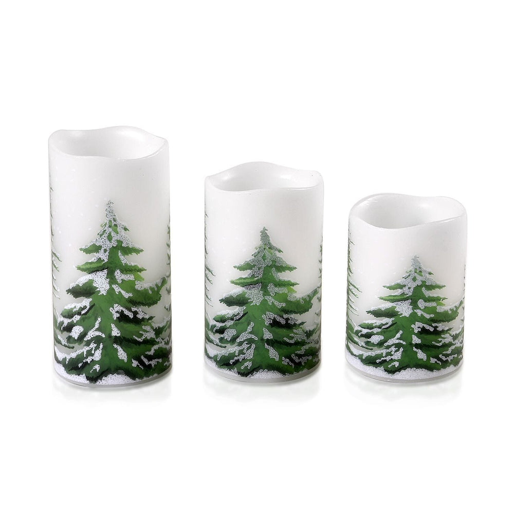 Set of 3 - Homesmart Snow Tree Pattern LED 12 Colour Change Candle with Remote - White - Green