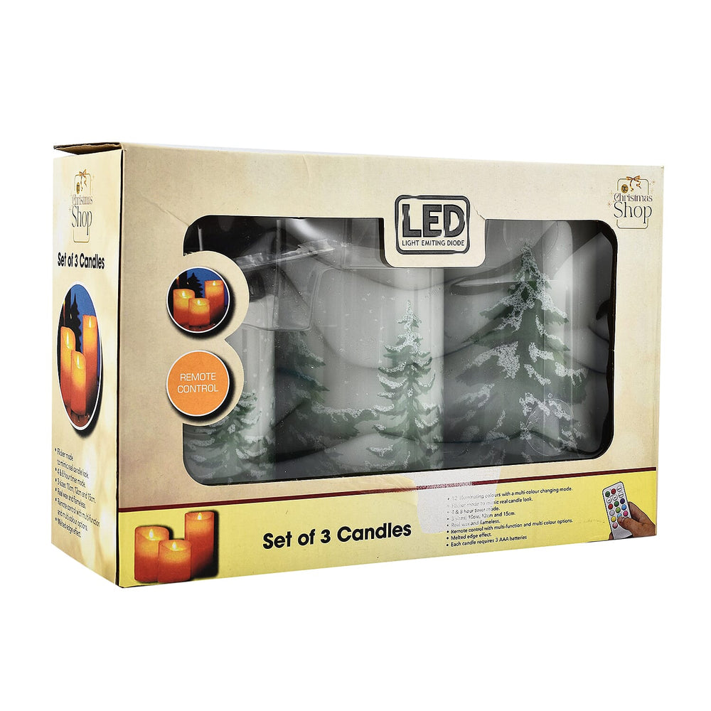 Set of 3 - Homesmart Snow Tree Pattern LED 12 Colour Change Candle with Remote - White - Green