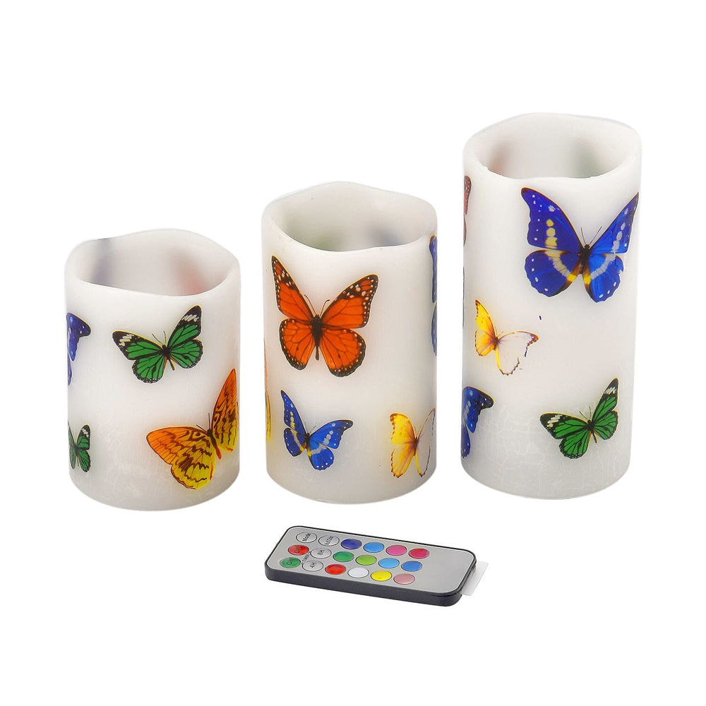Set of 3 - LED Colour Changing Butterfly Pattern Candle with Remote (AAA Battery Not Inc.) - Multi