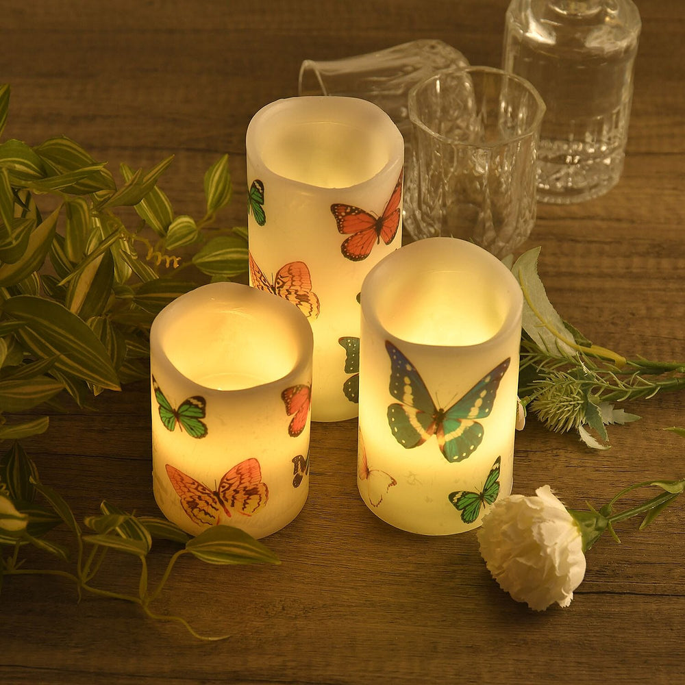 Set of 3 - LED Colour Changing Butterfly Pattern Candle with Remote (AAA Battery Not Inc.) - Multi