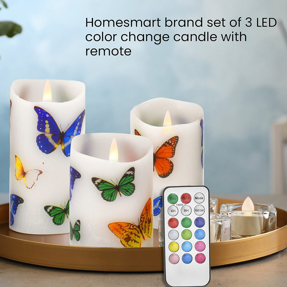 Set of 3 - LED Colour Changing Butterfly Pattern Candle with Remote (AAA Battery Not Inc.) - Multi