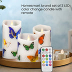 Set of 3 - LED Colour Changing Butterfly Pattern Candle with Remote (AAA Battery Not Inc.) - Multi