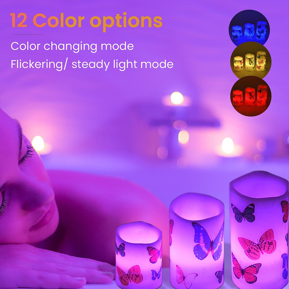 Set of 3 - LED Colour Changing Butterfly Pattern Candle with Remote (AAA Battery Not Inc.) - Multi
