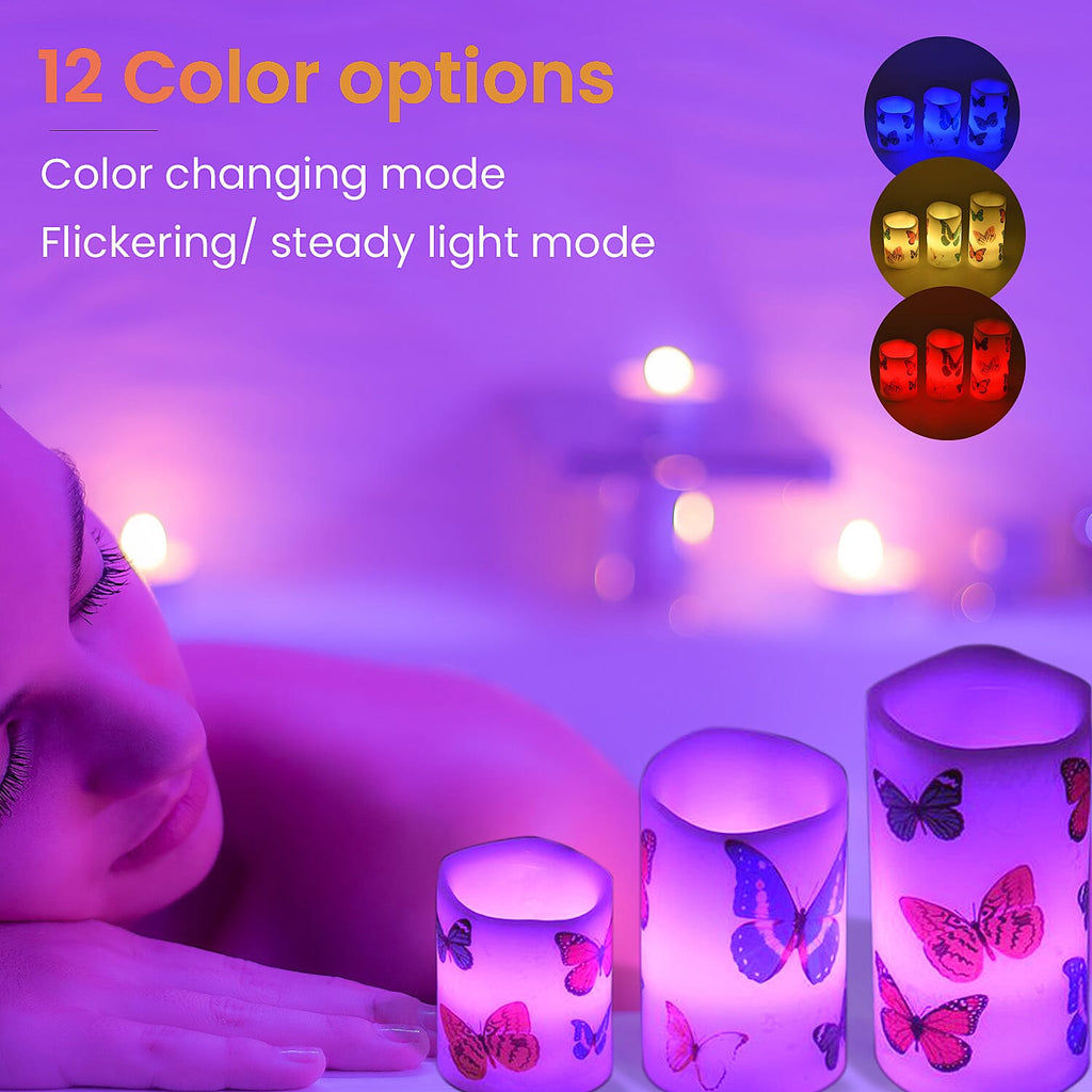 Set of 3 - LED Colour Changing Butterfly Pattern Candle with Remote (AAA Battery Not Inc.) - Multi