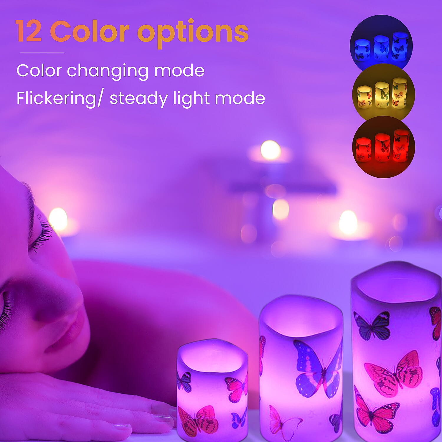 Set of 3 - LED Colour Changing Butterfly Pattern Candle with Remote (AAA Battery Not Inc.) - Multi