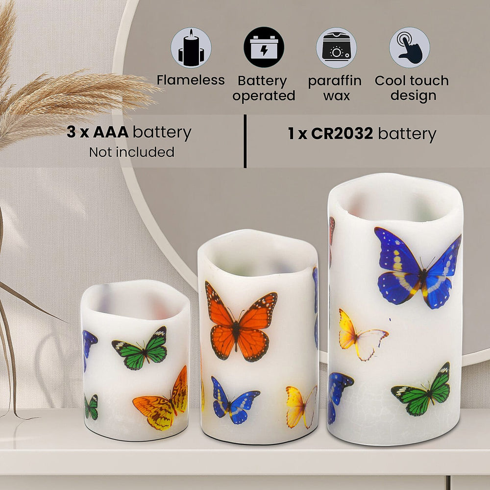 Set of 3 - LED Colour Changing Butterfly Pattern Candle with Remote (AAA Battery Not Inc.) - Multi