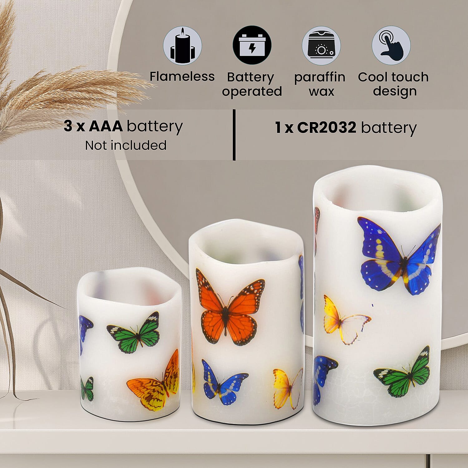 Set of 3 - LED Colour Changing Butterfly Pattern Candle with Remote (AAA Battery Not Inc.) - Multi