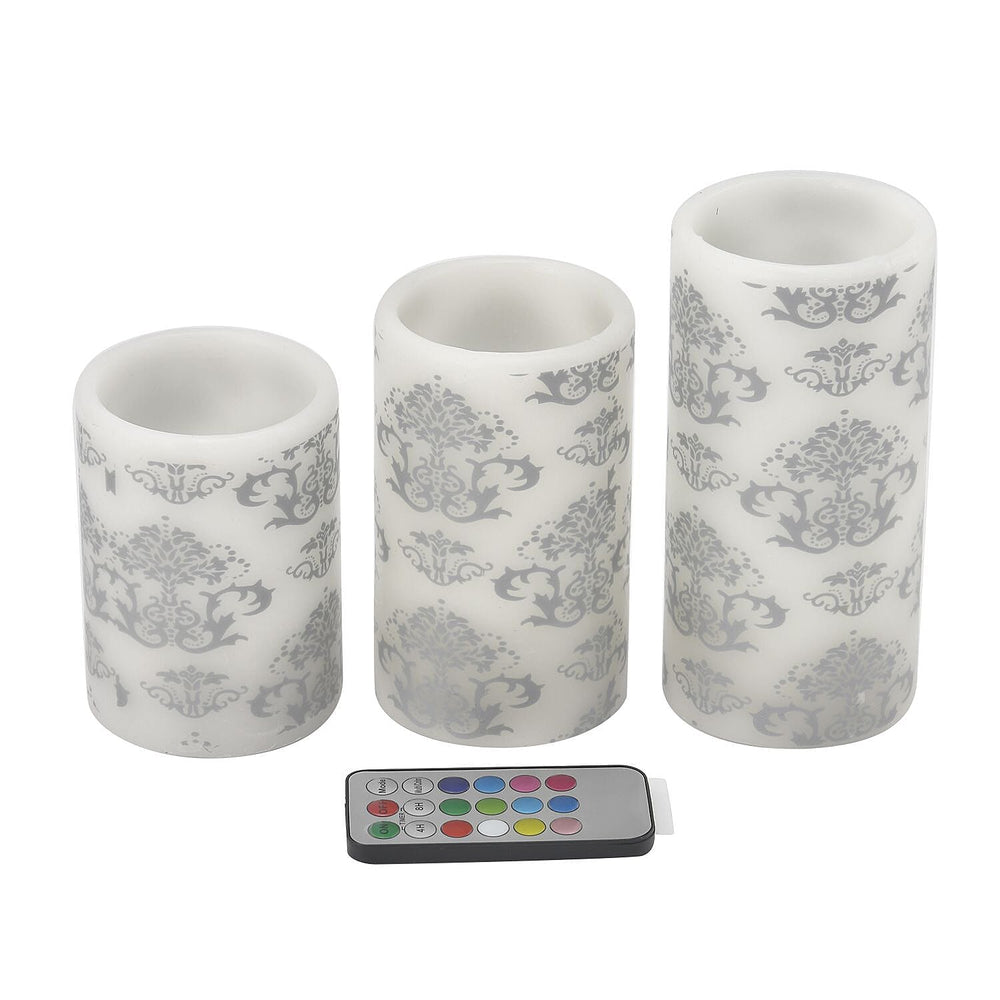 Set of 3 - LED Colour Changing Damask Pattern Candle with Remote ( Requires 3 AAA Battery Not Inc.) - Multi