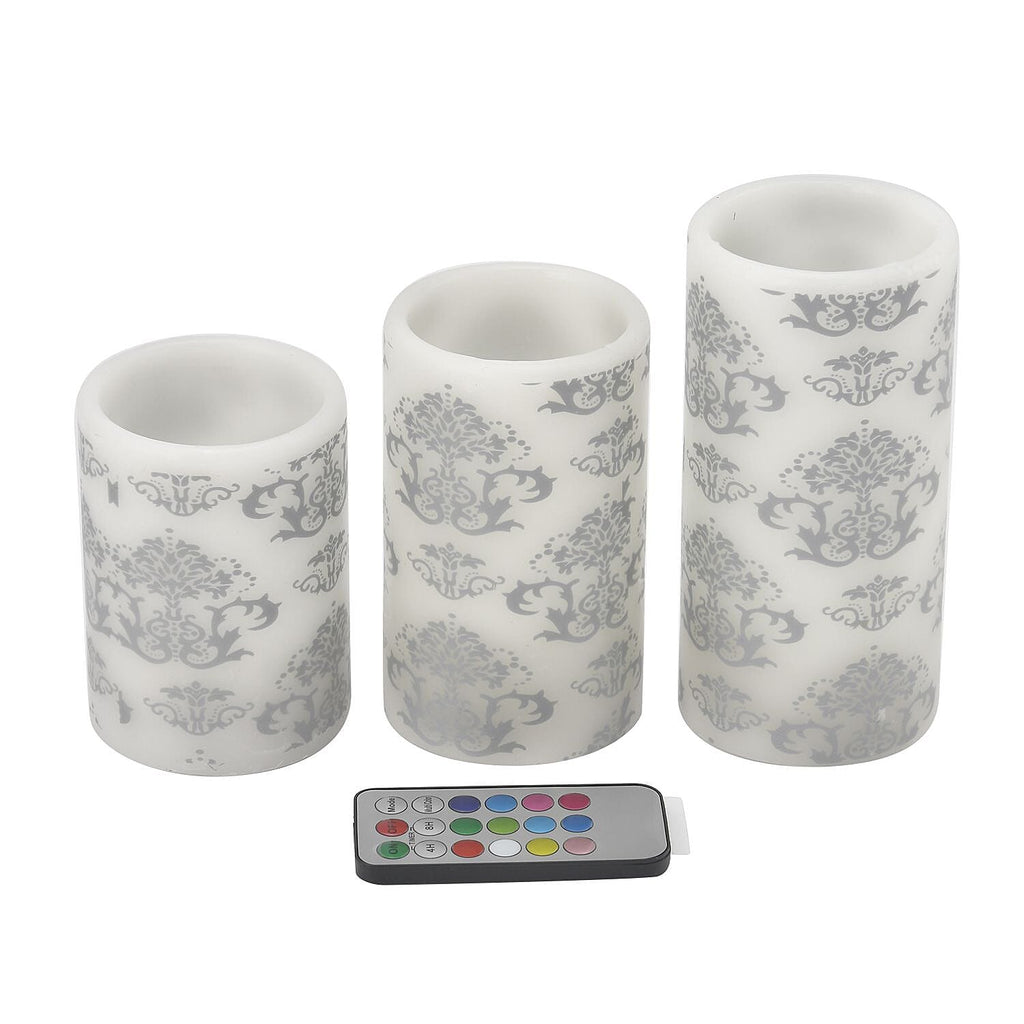 Set of 3 - LED Colour Changing Damask Pattern Candle with Remote ( Requires 3 AAA Battery Not Inc.) - Multi