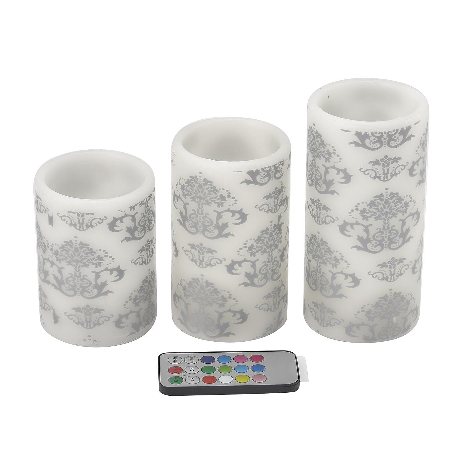 Set of 3 - LED Colour Changing Damask Pattern Candle with Remote ( Requires 3 AAA Battery Not Inc.) - Multi