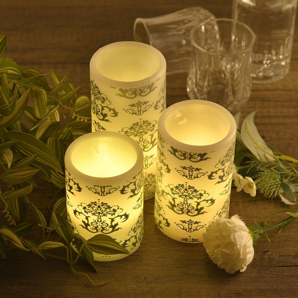 Set of 3 - LED Colour Changing Damask Pattern Candle with Remote ( Requires 3 AAA Battery Not Inc.) - Multi