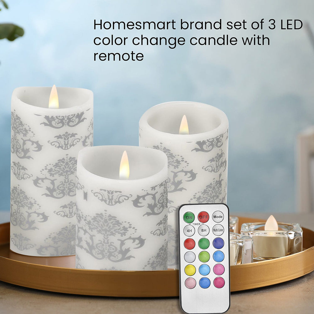 Set of 3 - LED Colour Changing Damask Pattern Candle with Remote ( Requires 3 AAA Battery Not Inc.) - Multi