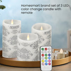 Set of 3 - LED Colour Changing Damask Pattern Candle with Remote ( Requires 3 AAA Battery Not Inc.) - Multi