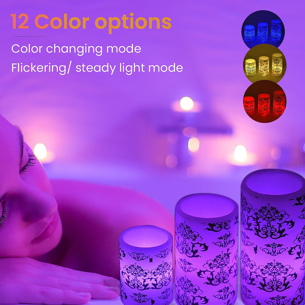 Set of 3 - LED Colour Changing Damask Pattern Candle with Remote ( Requires 3 AAA Battery Not Inc.) - Multi