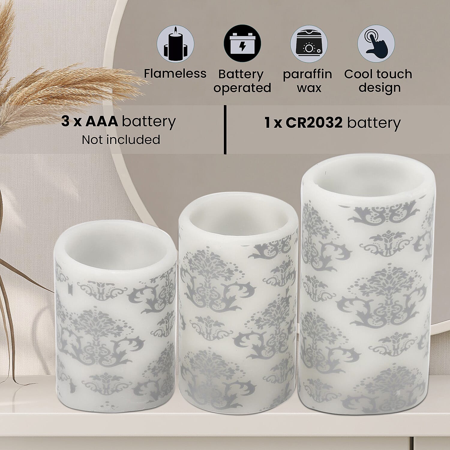 Set of 3 - LED Colour Changing Damask Pattern Candle with Remote ( Requires 3 AAA Battery Not Inc.) - Multi