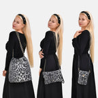Set of 3 Leopard Print Sequin Bag (Includes Shoulder Bag, Crossbody Bag - Clutch Bag) - Grey