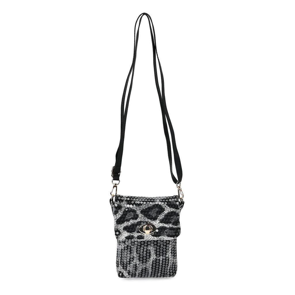 Set of 3 Leopard Print Sequin Bag (Includes Shoulder Bag, Crossbody Bag - Clutch Bag) - Grey