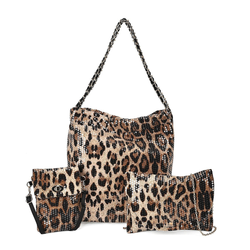 Set of 3 Leopard Print Sequin Bag (Includes Shoulder Bag, Crossbody Bag - Clutch Bag) - Brown