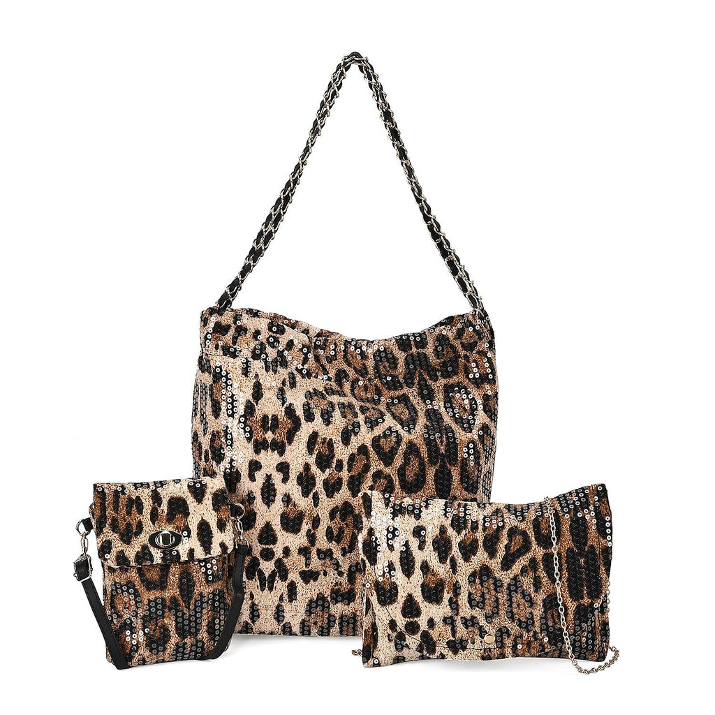 Set of 3 Leopard Print Sequin Bag (Includes Shoulder Bag, Crossbody Bag - Clutch Bag) - Brown