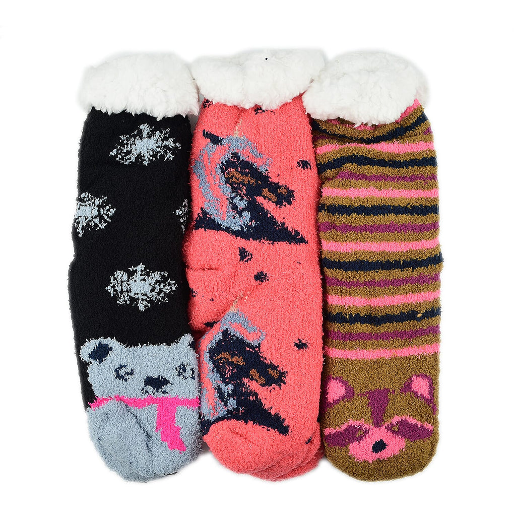 Set of 3 Pairs of Cartoon Themed Pattern Double Layer Socks - Multi