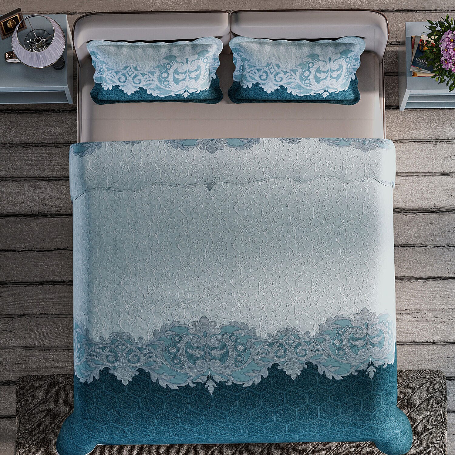 3 Piece Set - Patchwork Pattern Quilt and 2 Pillowcases (Size 200x200 Cm) - Light - Dark Green