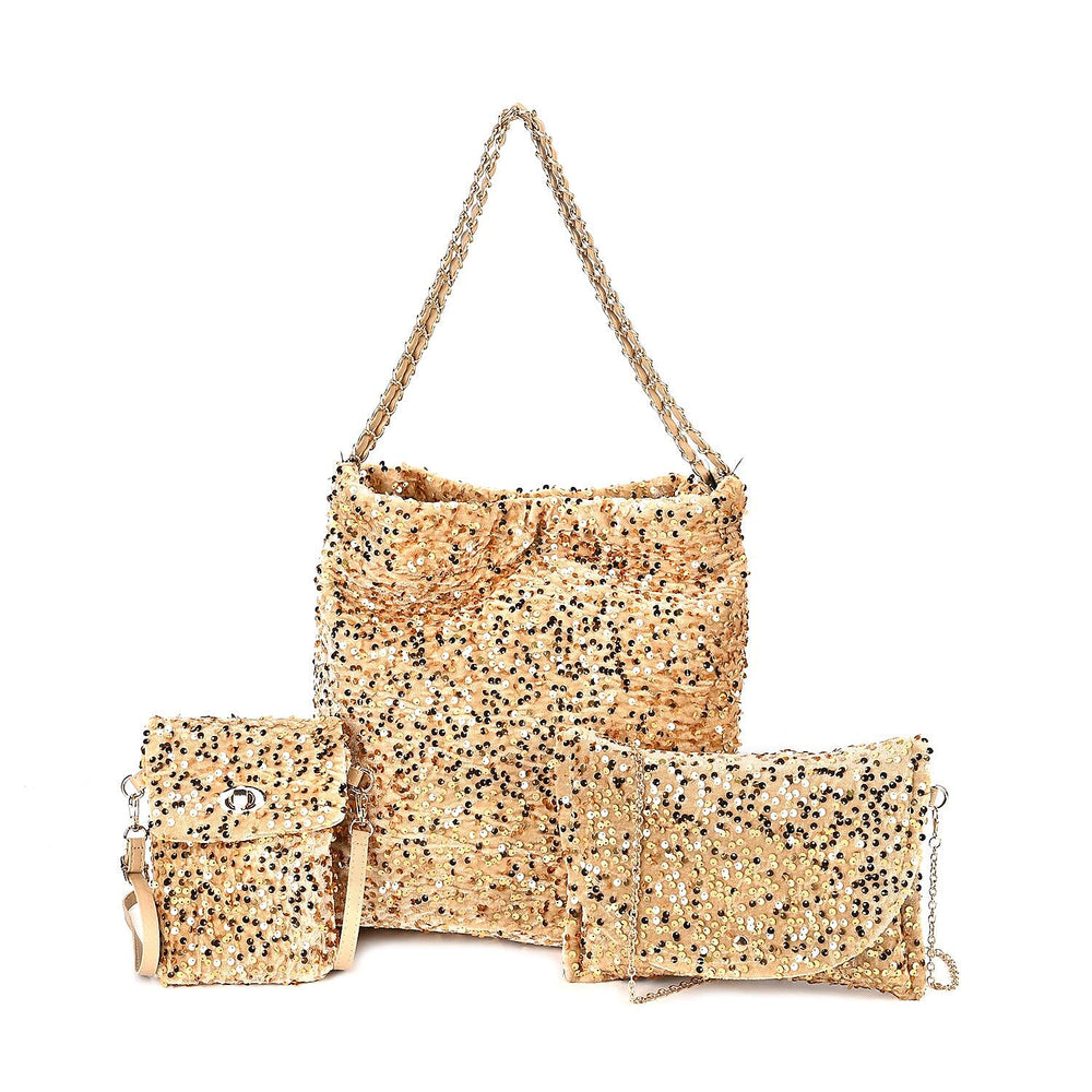 Lowest Ever Price - Set of 3 Sequin Bag (Includes Shoulder Bag, Crossbody Bag - Clutch Bag) - Champagne