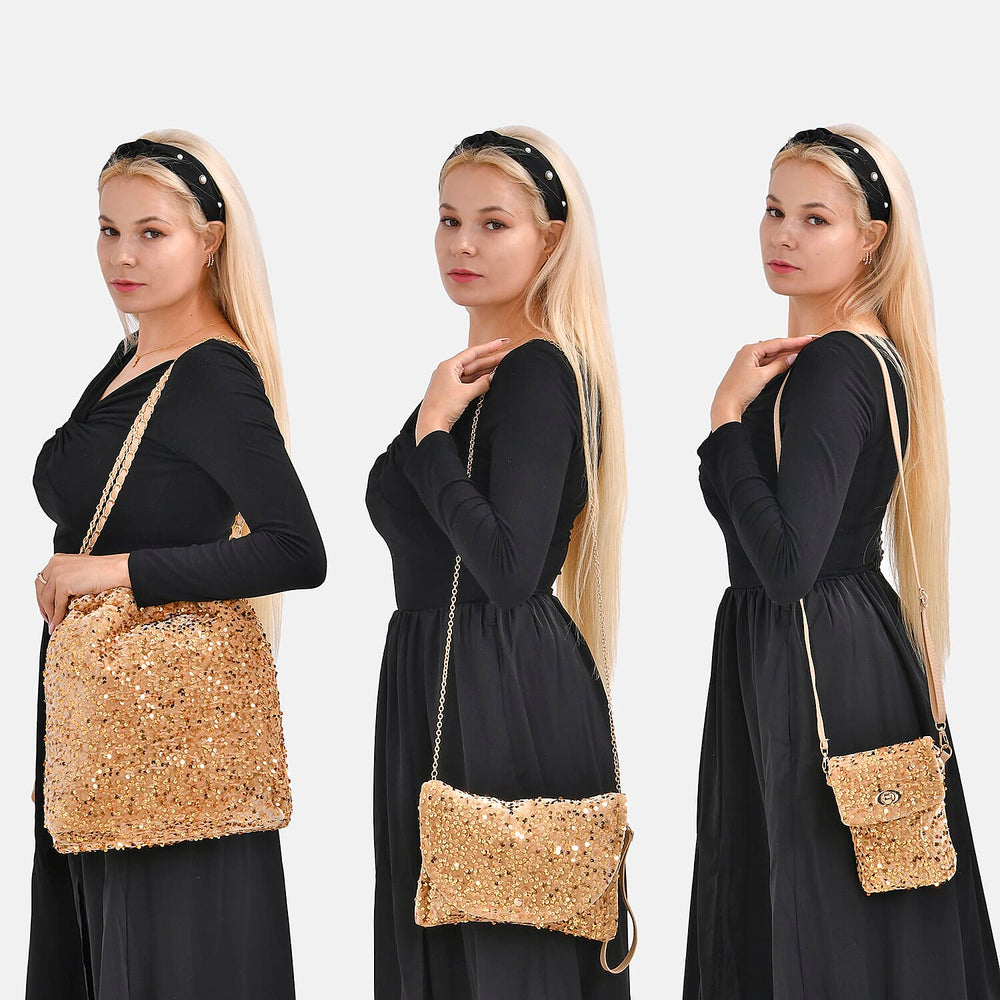 Lowest Ever Price - Set of 3 Sequin Bag (Includes Shoulder Bag, Crossbody Bag - Clutch Bag) - Champagne