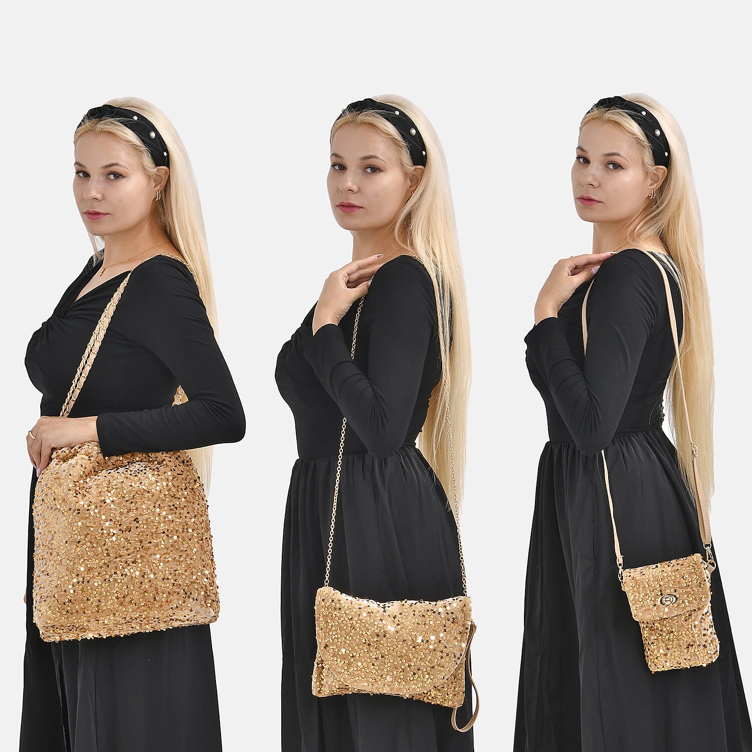 Lowest Ever Price - Set of 3 Sequin Bag (Includes Shoulder Bag, Crossbody Bag - Clutch Bag) - Champagne