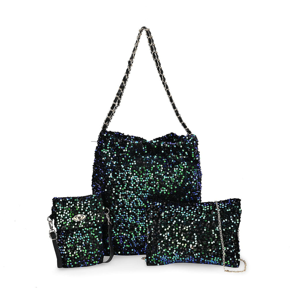 Set of 3 Sequin Bag (Includes Shoulder Bag, Crossbody Bag - Clutch Bag) - Green