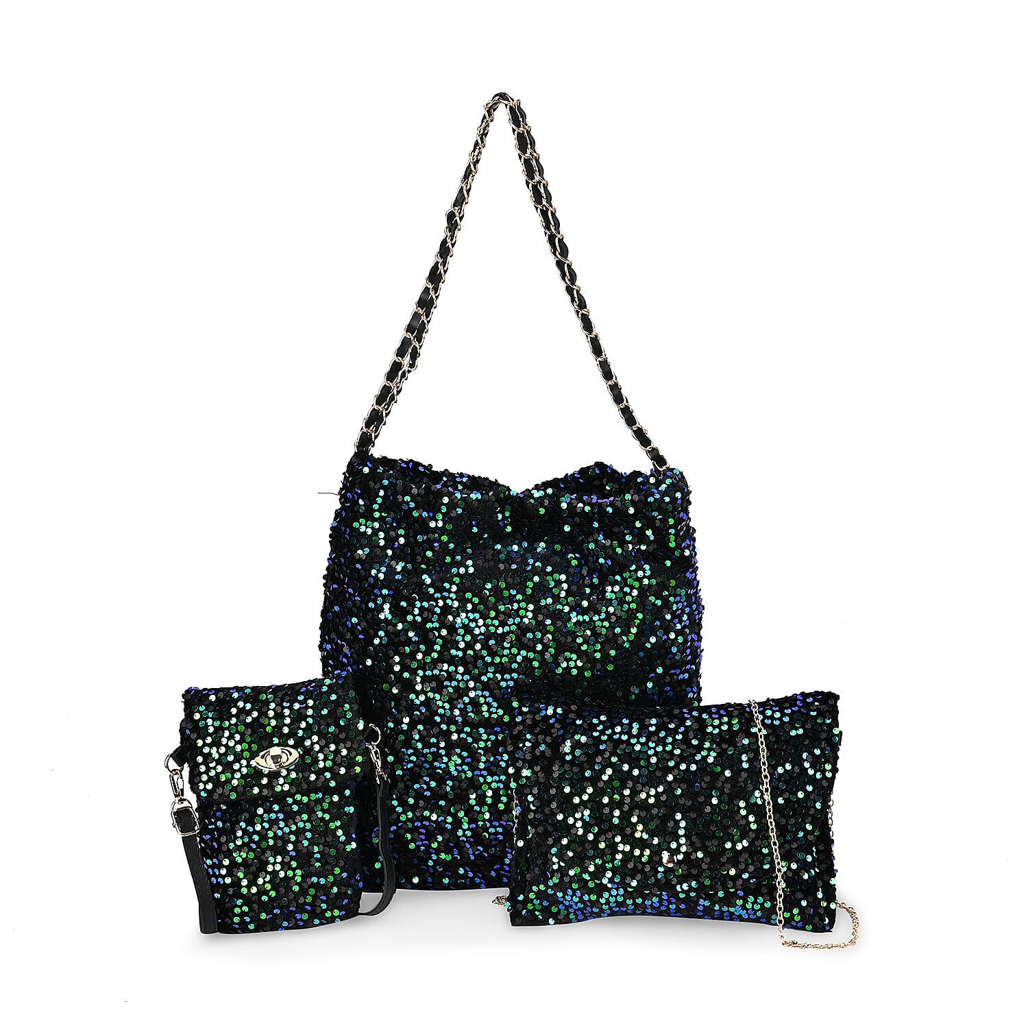 Set of 3 Sequin Bag (Includes Shoulder Bag, Crossbody Bag - Clutch Bag) - Green