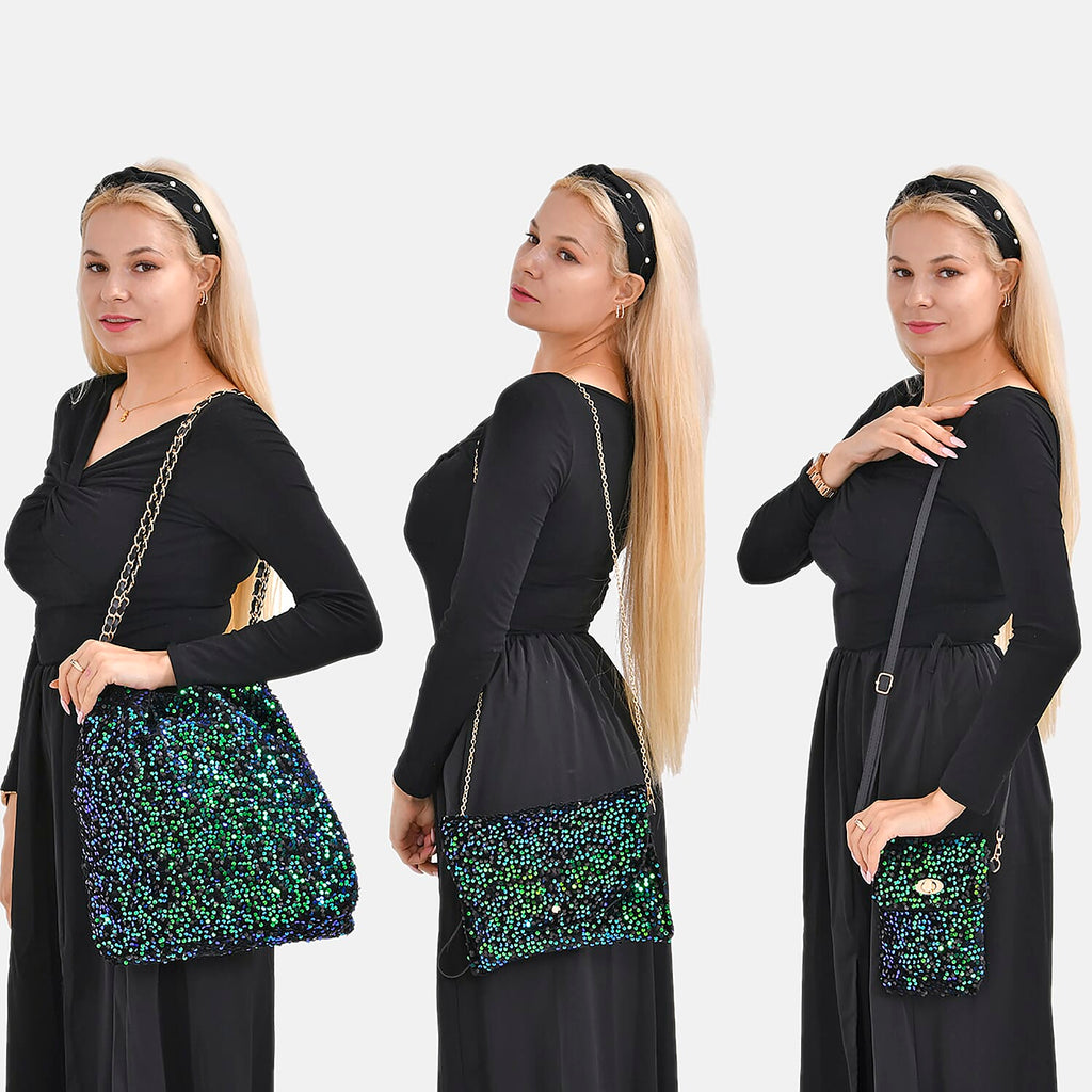 Set of 3 Sequin Bag (Includes Shoulder Bag, Crossbody Bag - Clutch Bag) - Green