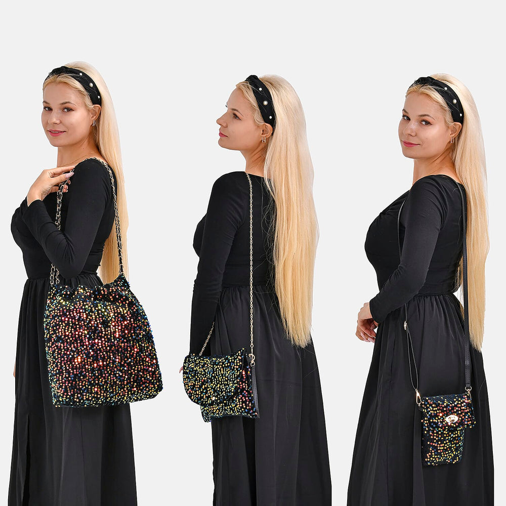Set of 3 Sequin Bag (Includes Shoulder Bag, Crossbody Bag - Clutch Bag) - Multi