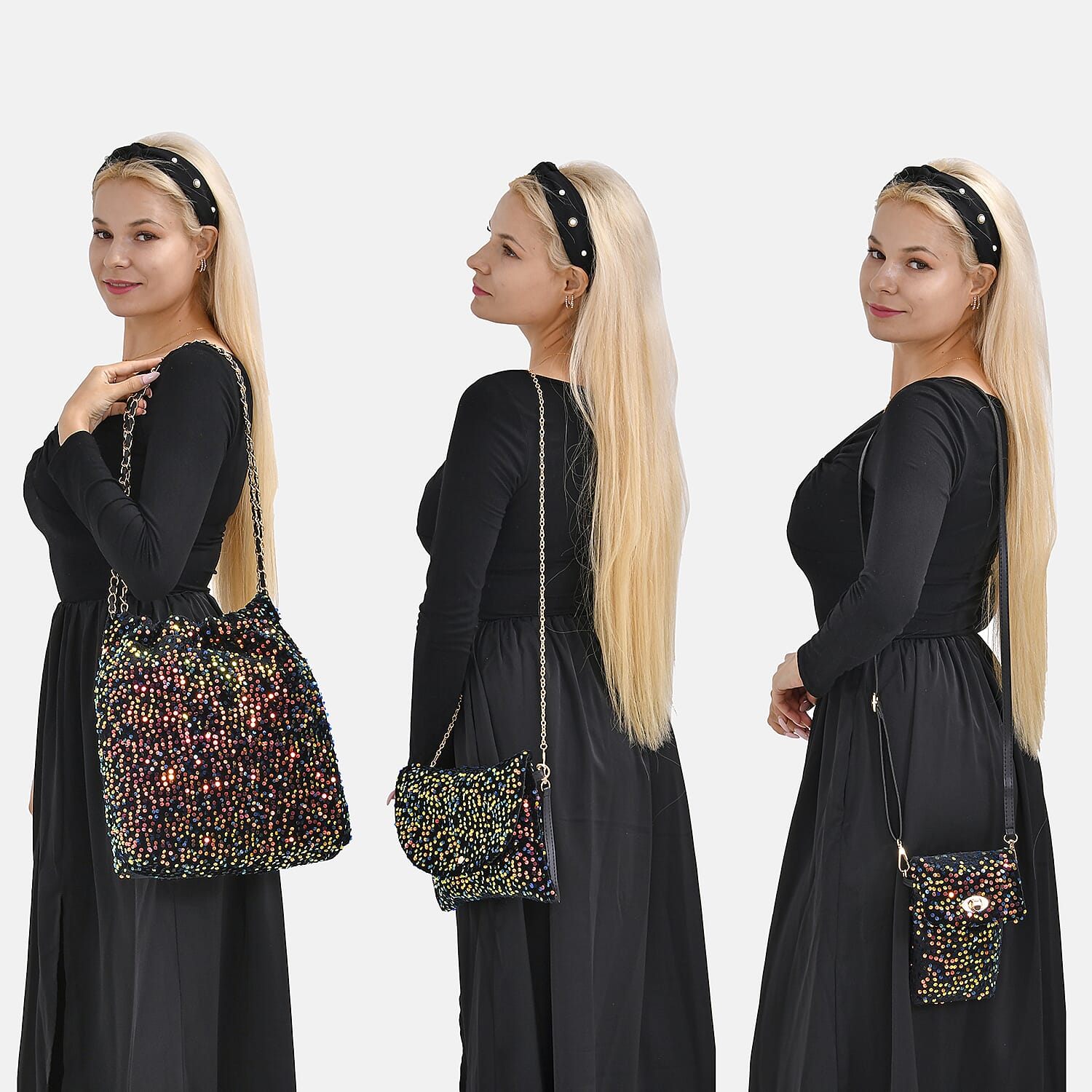 Set of 3 Sequin Bag (Includes Shoulder Bag, Crossbody Bag - Clutch Bag) - Multi