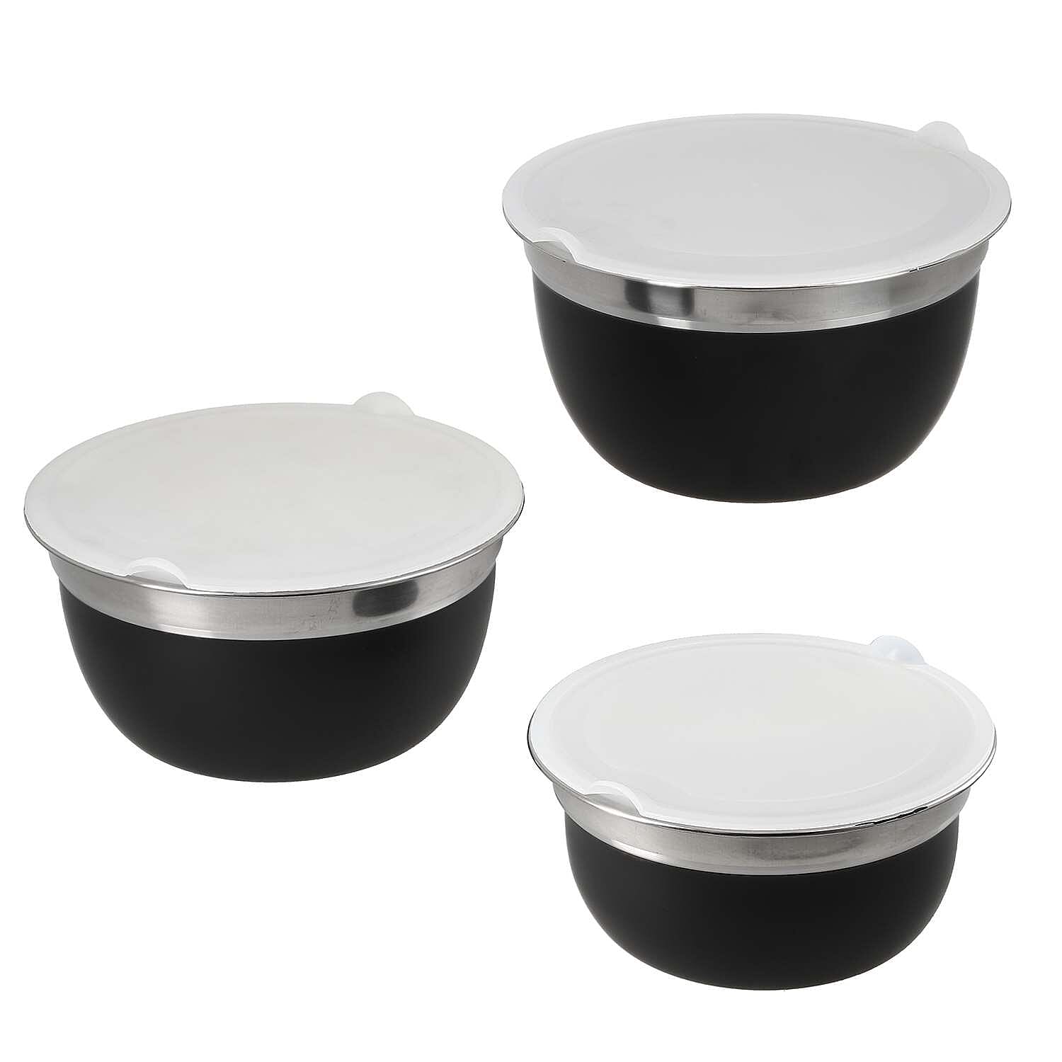 Set of 3 Stainless Steel Bowl with Plastic Lid - Black