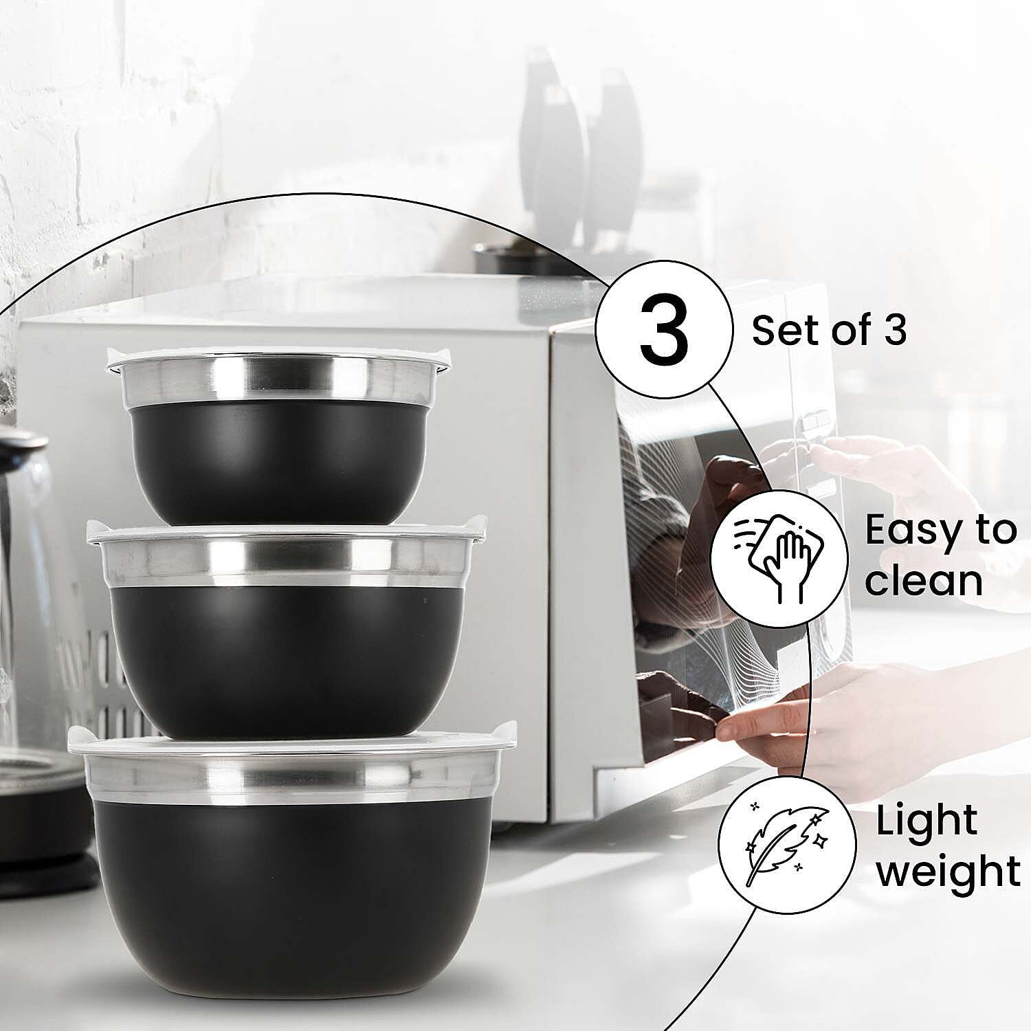 Set of 3 Stainless Steel Bowl with Plastic Lid - Black