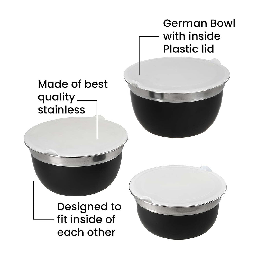 Set of 3 Stainless Steel Bowl with Plastic Lid - Black