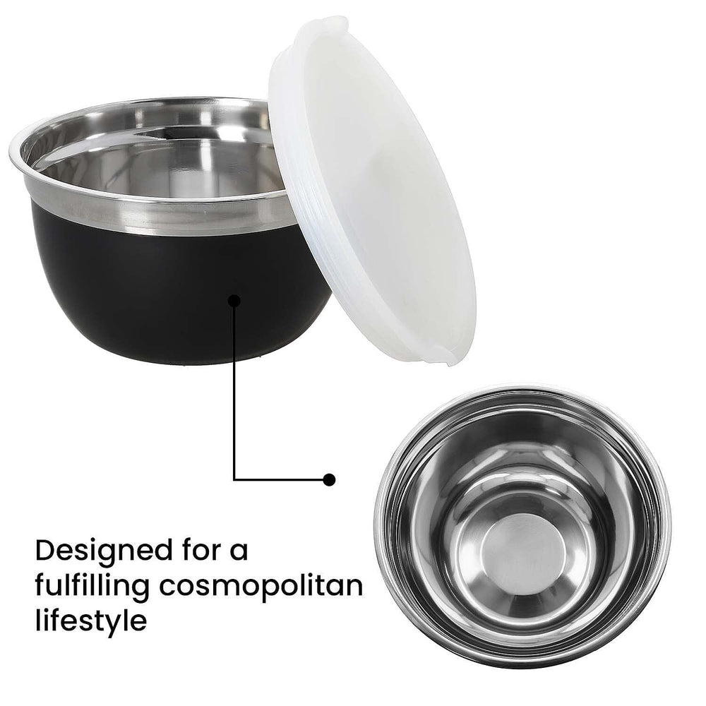 Set of 3 Stainless Steel Bowl with Plastic Lid - Black