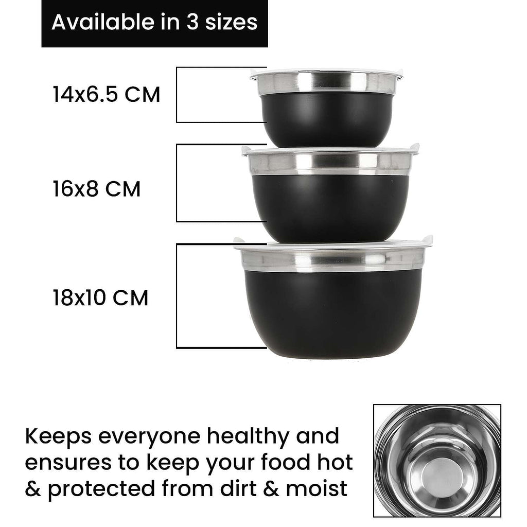 Set of 3 Stainless Steel Bowl with Plastic Lid - Black